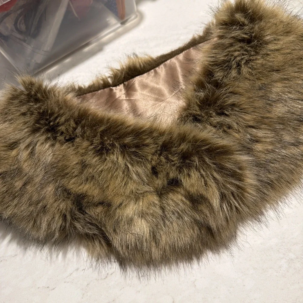 Vintage Faux Fur Round Collar Stole, Brown Beige with Satin Lining